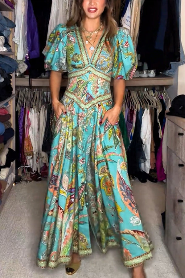 Kris™ - Airy Maxi Dress with Puff Sleeves & V-Neck