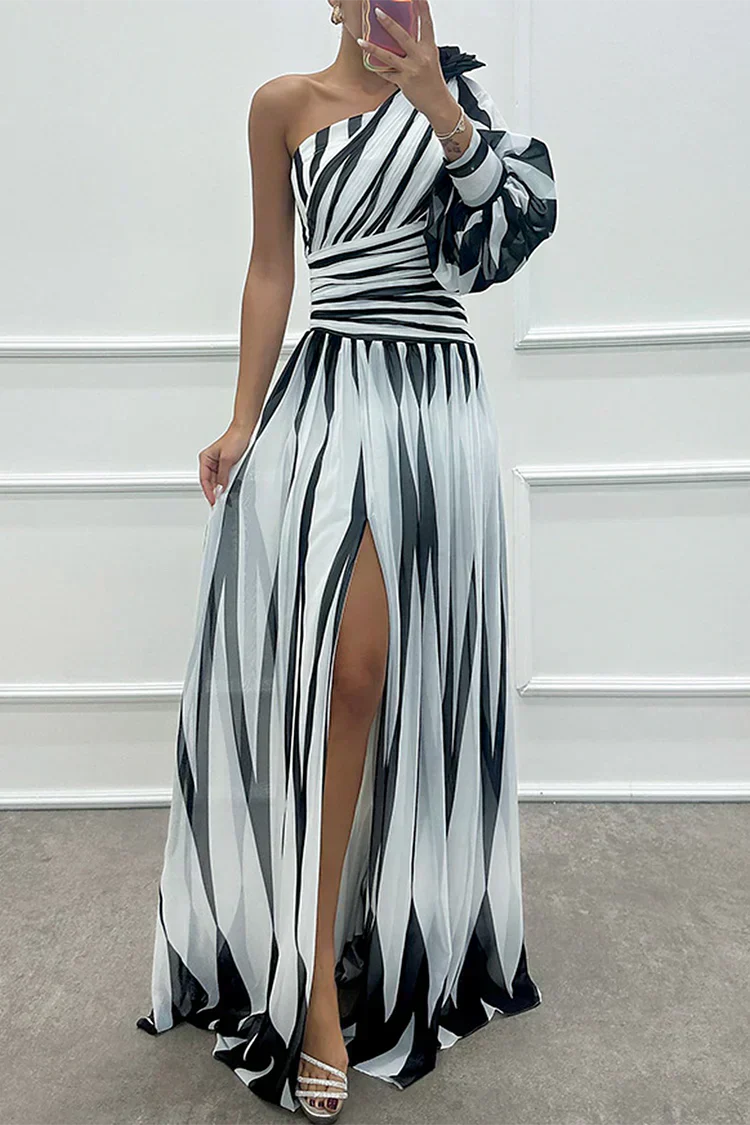 Joanna™ - Elegant Striped One Shoulder Maxi Dress