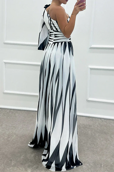 Joanna™ - Elegant Striped One Shoulder Maxi Dress