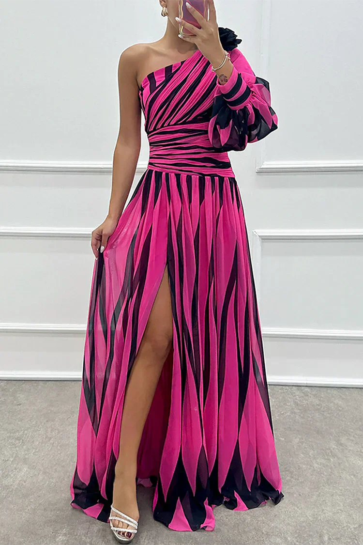 Joanna™ - Elegant Striped One Shoulder Maxi Dress