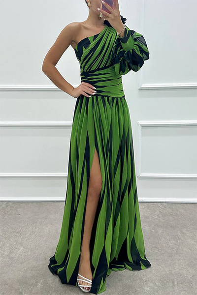 Joanna™ - Elegant Striped One Shoulder Maxi Dress