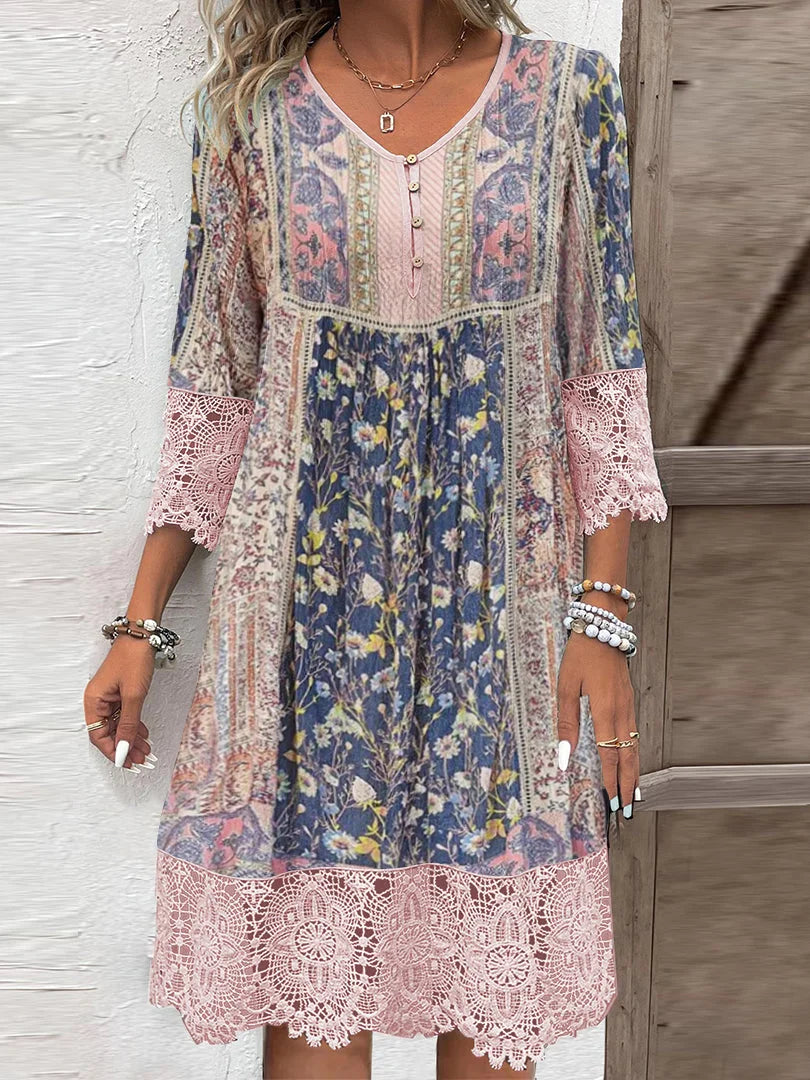 Brittany™ - Dress with Vintage Print and Lace